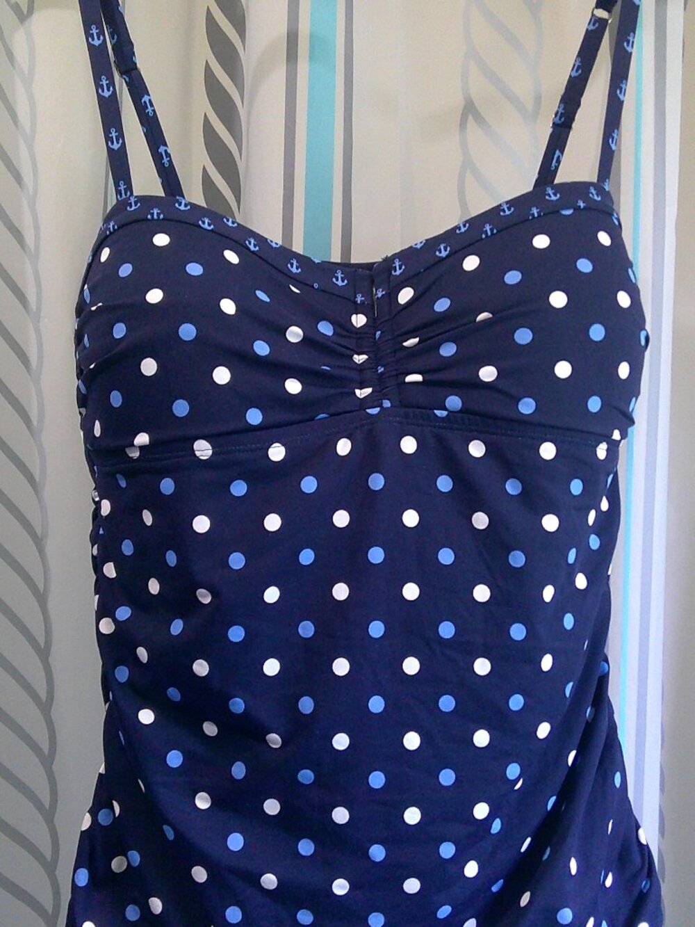 "Tommy Bahama" Tankini Swim Top Polka Dots & Anchors Tummy Power Mesh Woman Sz M